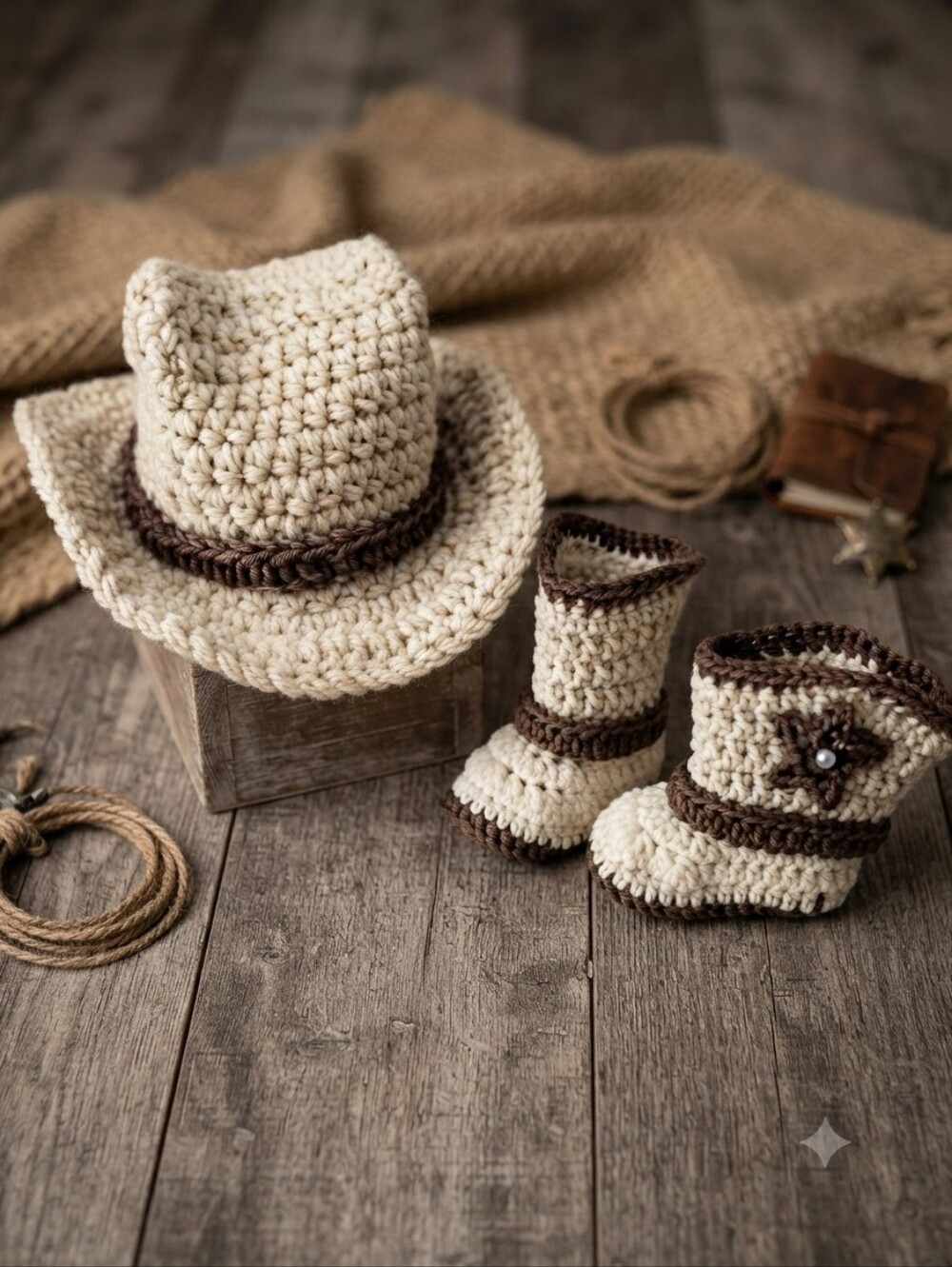 Handmade Crochet Baby Boy Cowboy Hat and Booties Set 0-3 Months
